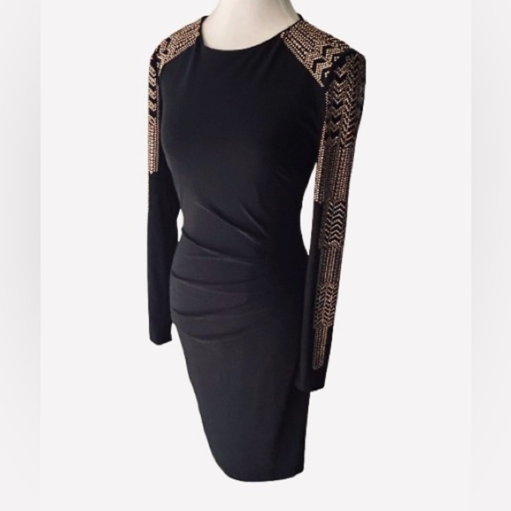 Vintage Cache Black & Gold Dress Bodycon Long sleeved XS XXS Size 2 Size 0